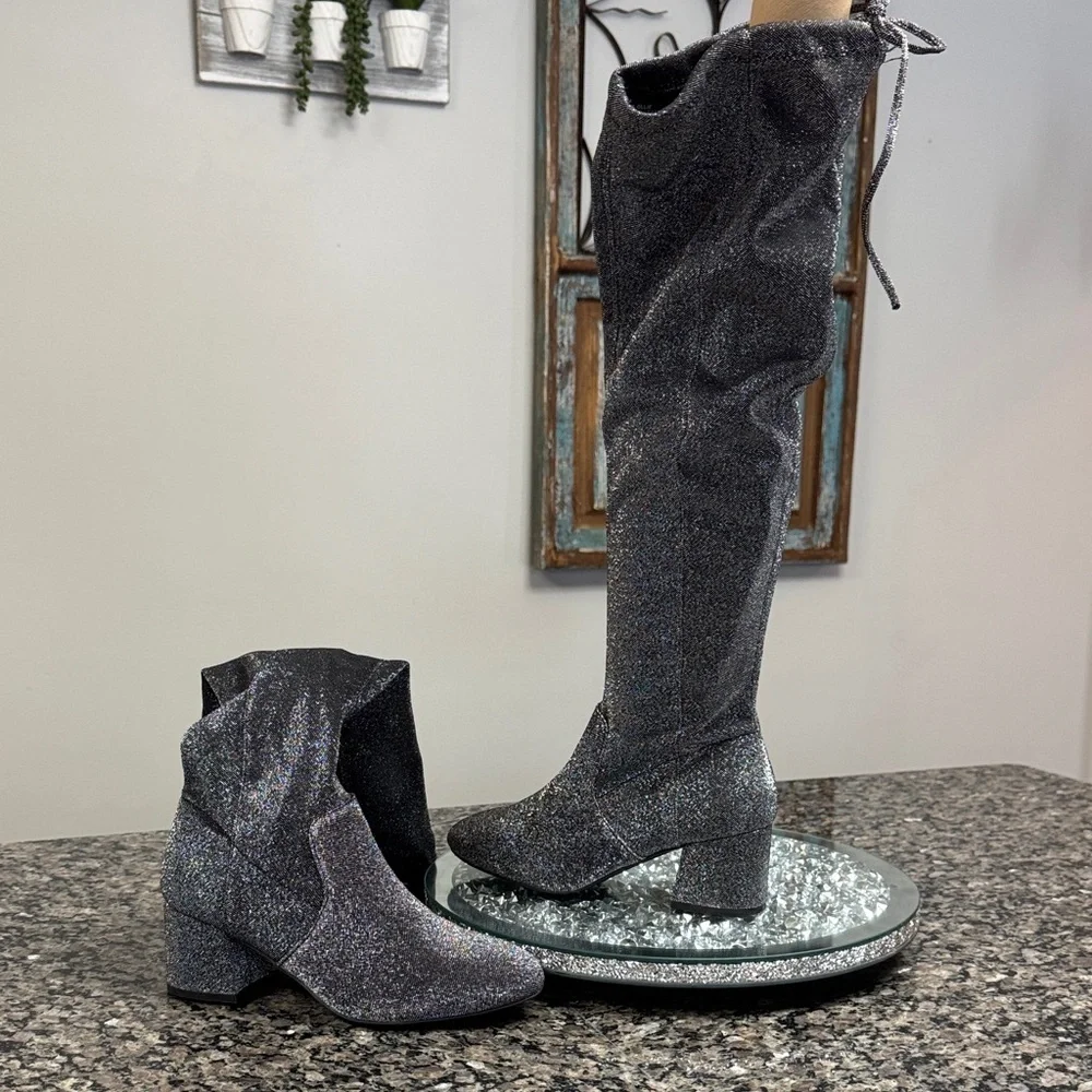 Sugar Black Glitter Over the Knee sock stocking Boots NWOT 7